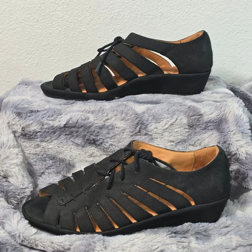 L'Amour Des Pieds‎ Bellina Black Leather Lace Up Wedge Sandals Women 7.5 M